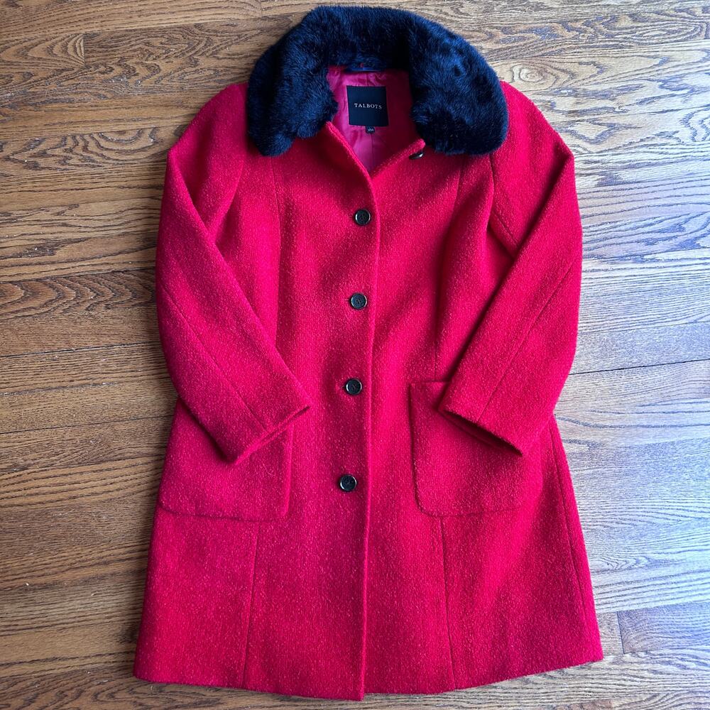 Talbots Red Bouclé Wool Dress Coat Black Faux Fur Collar Princess Large NWT $329 - Picture 4 of 13